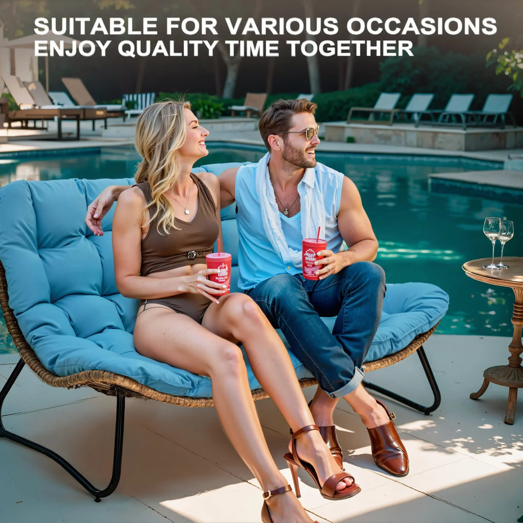 Doppelter Papasan-Sessel als Loveseat mit Kissen, wetterfestes PE-Rattan und Metallgestell für drinnen und draußen