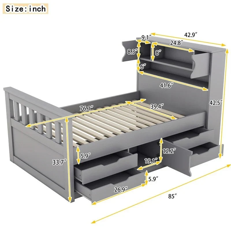 Cama de plataforma tipo capitão Twin/Full com 4 gavetas e prateleiras de arrumação, estrutura de cama em madeira maciça com cabeceira-estante para arrumação