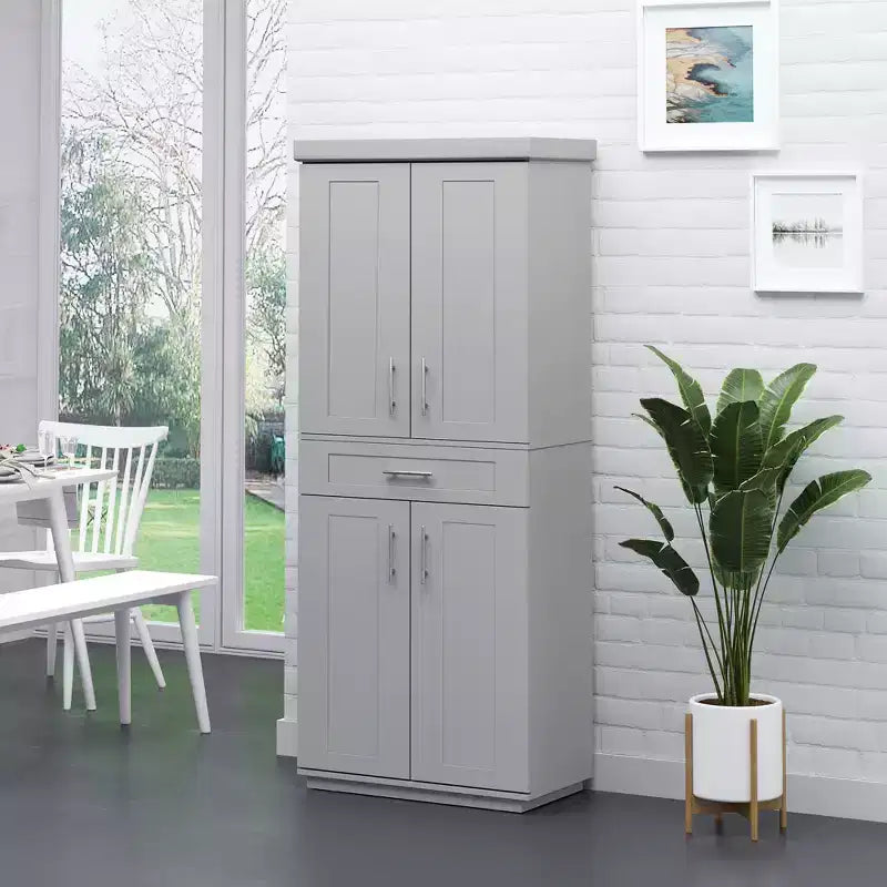 Meuble garde-manger de cuisine moderne autoportant avec portes et tiroir, étagères réglables