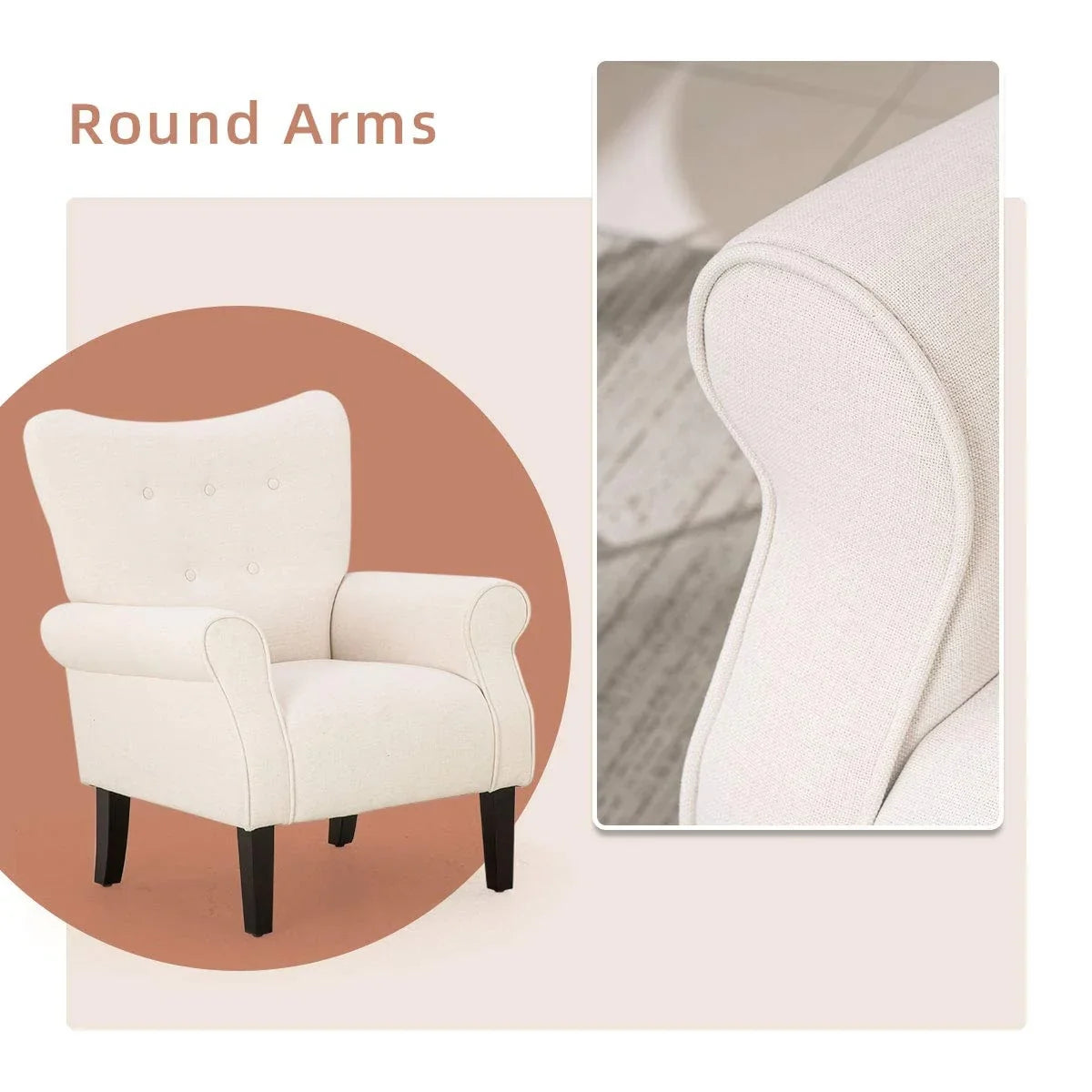 Fauteuil d’appoint moderne Erommy, fauteuil à dossier haut, canapé une place en tissu rembourré avec boutons et pieds en bois pour le salon