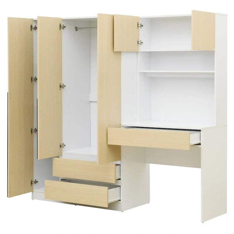 Roupeiro 3 em 1 com mesa de maquilhagem, conjunto de secretária, armário de quarto com 2 gavetas, 3 portas e espaço de arrumação