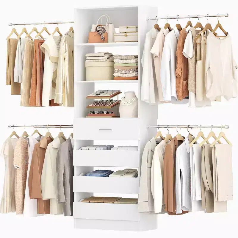 Sistema organizador de roupeiro em madeira Besiost de 4-9 pés, com 4 gavetas, 4 varões para roupa e torres de prateleiras