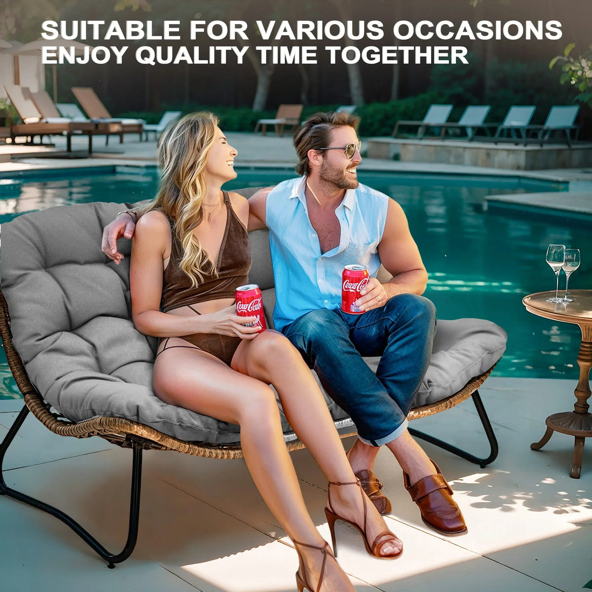Doppelter Papasan-Sessel als Loveseat mit Kissen, wetterfestes PE-Rattan und Metallgestell für drinnen und draußen