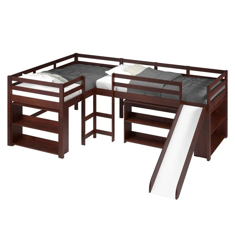 Set letto a soppalco scorrevole a L doppio Twin in color cappuccino scuro