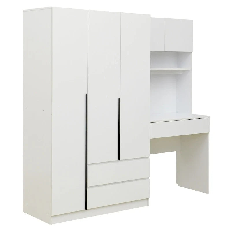 Roupeiro 3 em 1 com mesa de maquilhagem, conjunto de secretária, armário de quarto com 2 gavetas, 3 portas e espaço de arrumação