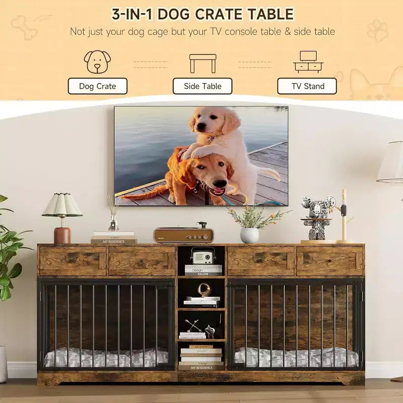 82 Casota de mobiliário para dois cães, canil grande para interior, casota de madeira resistente para 2 cães com suporte para TV, 4 gavetas e prateleiras