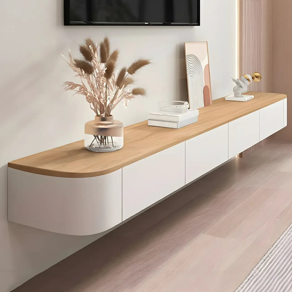 Moderner langer weißer schwebender TV-Schrank aus Holz mit Schubladen