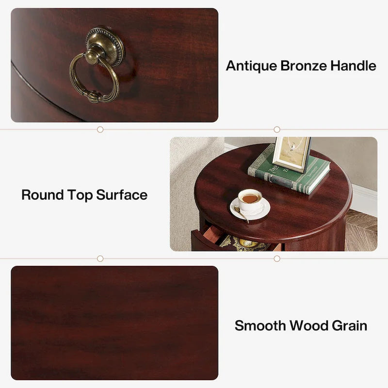 Table d’appoint ronde vintage en bois massif avec tiroirs latéraux, sans assemblage