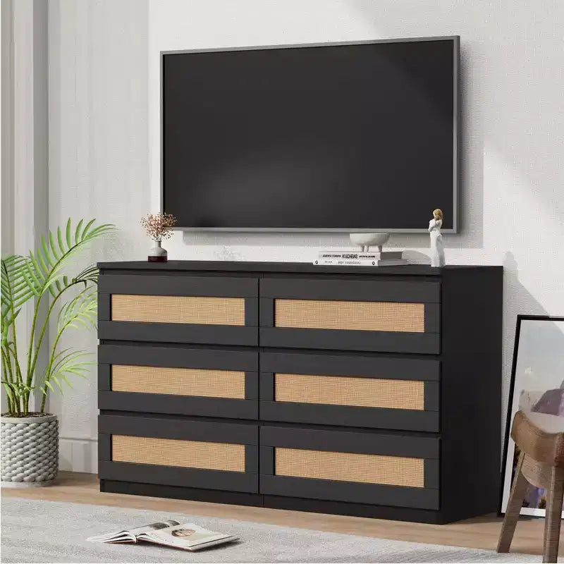 Cómoda de rattan para quarto com 6 gavetas, cómoda larga de estilo quinta moderno de 47, armário organizador de arrumação em madeira para closet, sala de estar e corredor