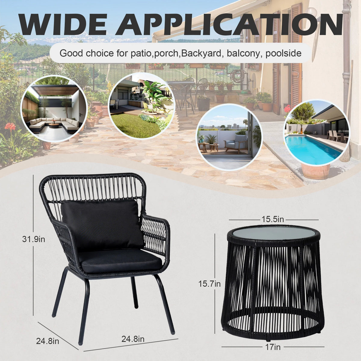 Ensemble bistro de conversation extérieur en osier de 3 pièces, mobilier de patio en rotin toutes saisons avec coussins