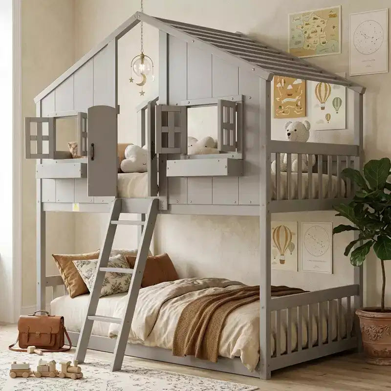 Cama alta de tamanho Twin em forma de casa, cama alta de madeira tipo casinha com escada e barreiras de proteção para crianças