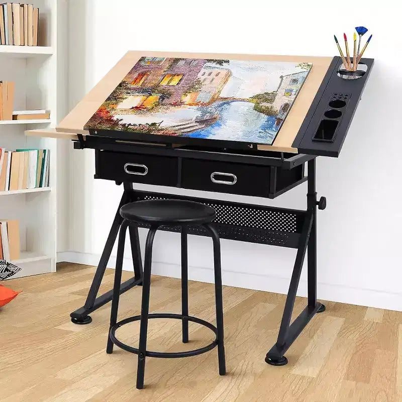 Table de dessin réglable en hauteur, table à dessin inclinable de 0 à 75°, bureau d’artiste pour adultes avec 2 tiroirs de rangement, avec tabouret