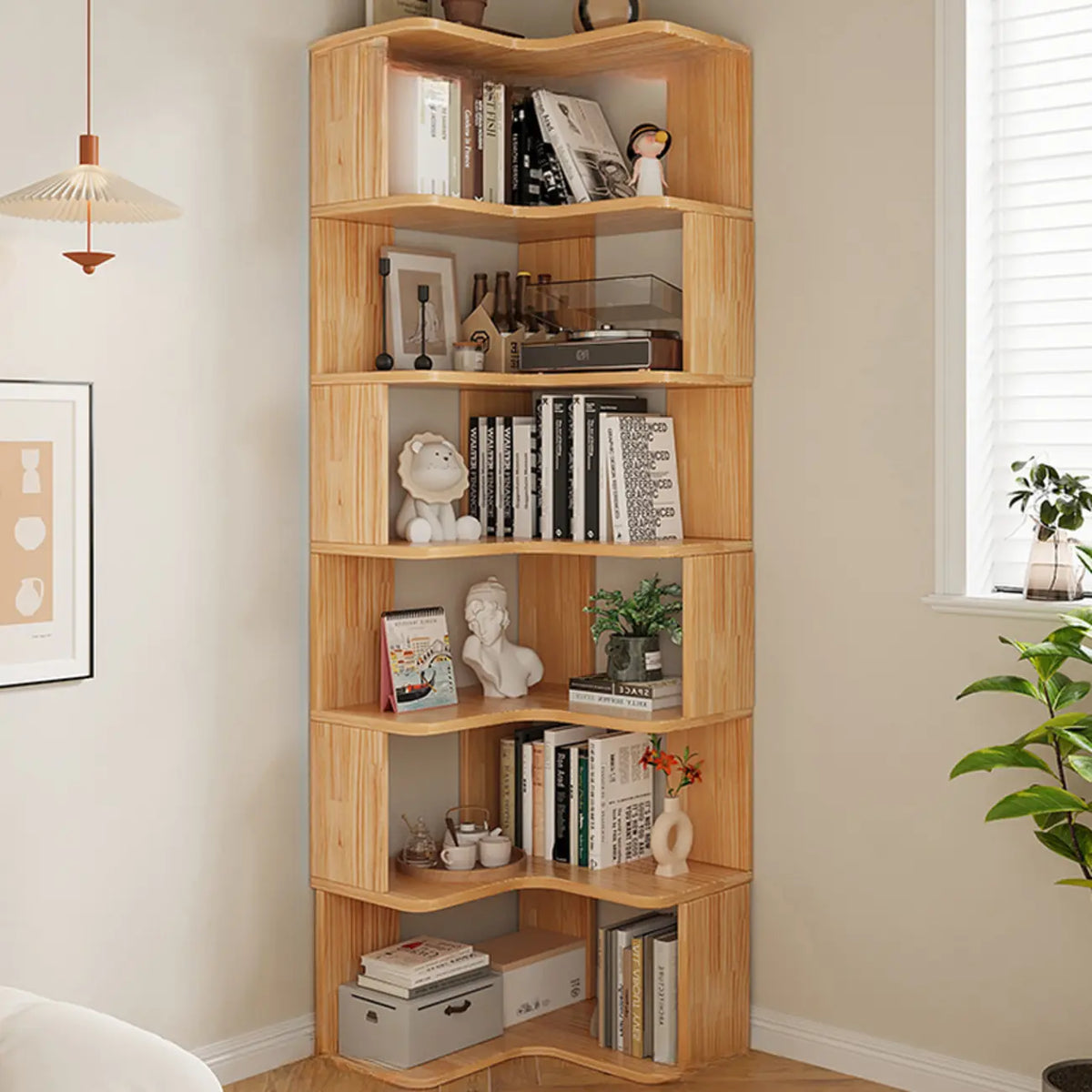 Vertikales L-förmiges Bücherregal aus Holz mit natürlicher Oberfläche und offener Rückseite