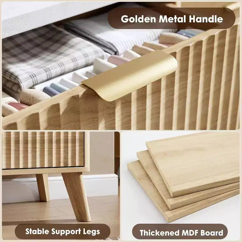 Komoda s 9 rýhovanými zásuvkami, moderní skříňka, dřevěná komoda pod TV, design se zaobleným profilem do obývacího pokoje nebo chodby