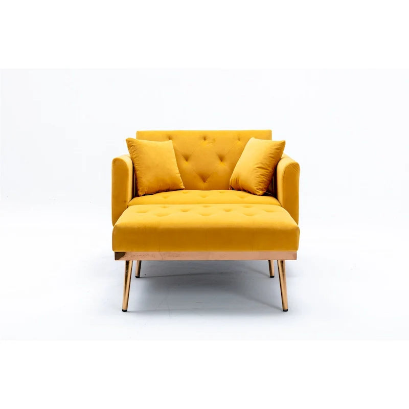 Poltrona letto in velluto imbottito e trapuntato per soggiorno, con gambe color oro rosato