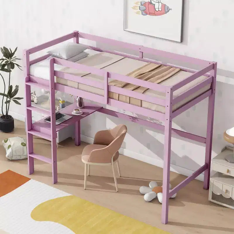 Lit mezzanine minimaliste Okak avec échelle, lit mezzanine double en bois d'hévéa avec barrière de sécurité et bureau intégré, cadres de lit pour enfants et adolescents