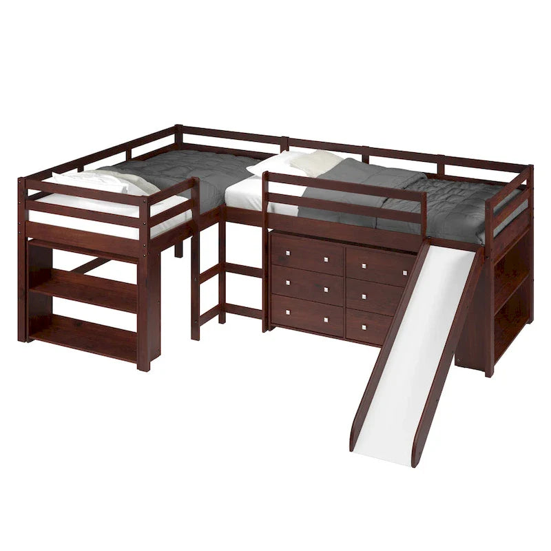 Set letto a soppalco scorrevole a L doppio Twin in color cappuccino scuro