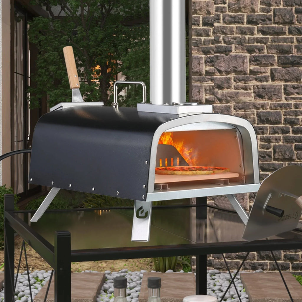 Forno de pizza exterior multicombustível, máquina de pizza de pedra com queimador a gás e caixa para lenha - 12 polegadas