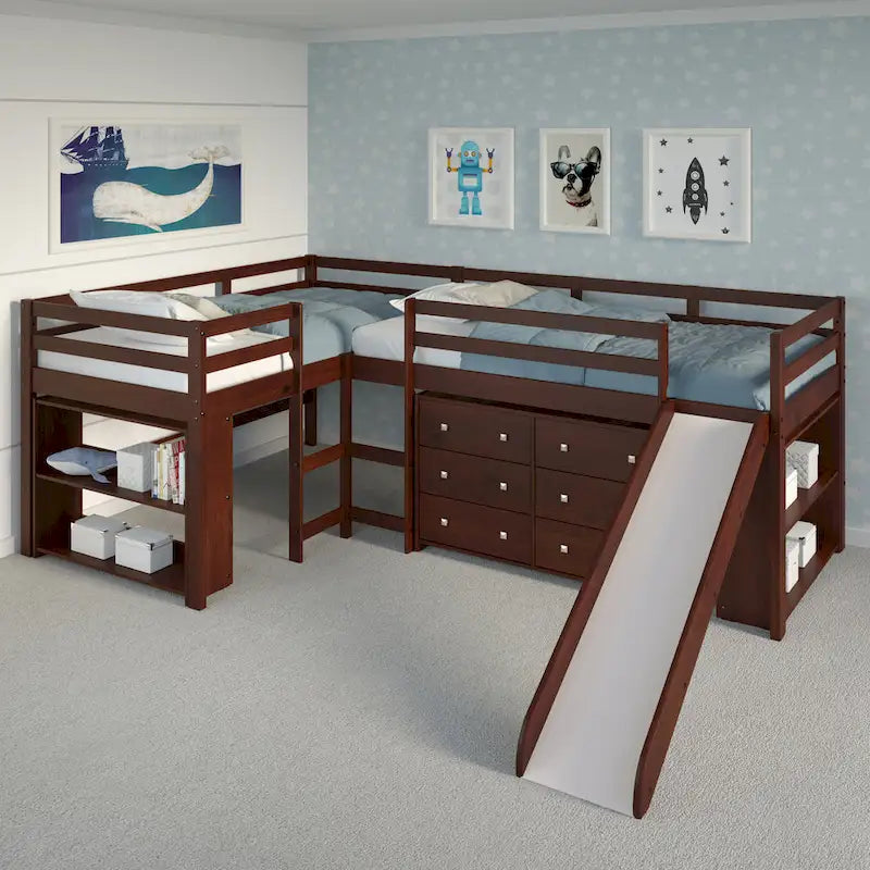 Set letto a soppalco scorrevole a L doppio Twin in color cappuccino scuro
