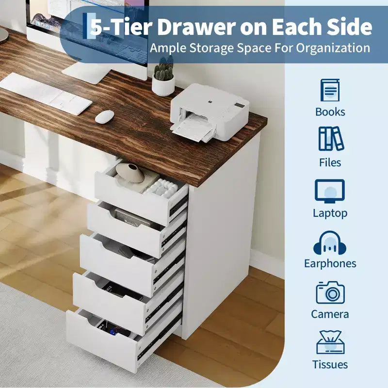 Secretária para computador de 47 polegadas com 5 gavetas de arrumação, mesa de estudo e escrita moderna de estilo rústico reversível, estação de trabalho para escritório em casa para espaços pequenos
