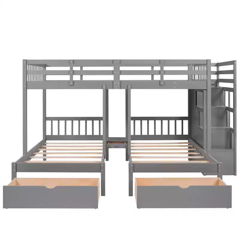 Cama em beliche Whisen Full sobre Twin & Twin, cama tripla de madeira com gavetas e guardas de proteção
