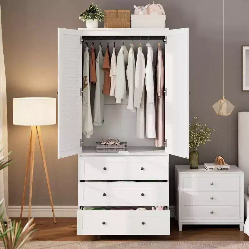 Armário roupeiro COZONY com 3 gavetas e 2 portas, armário de madeira moderno para quarto, roupeiro branco independente para cargas pesadas