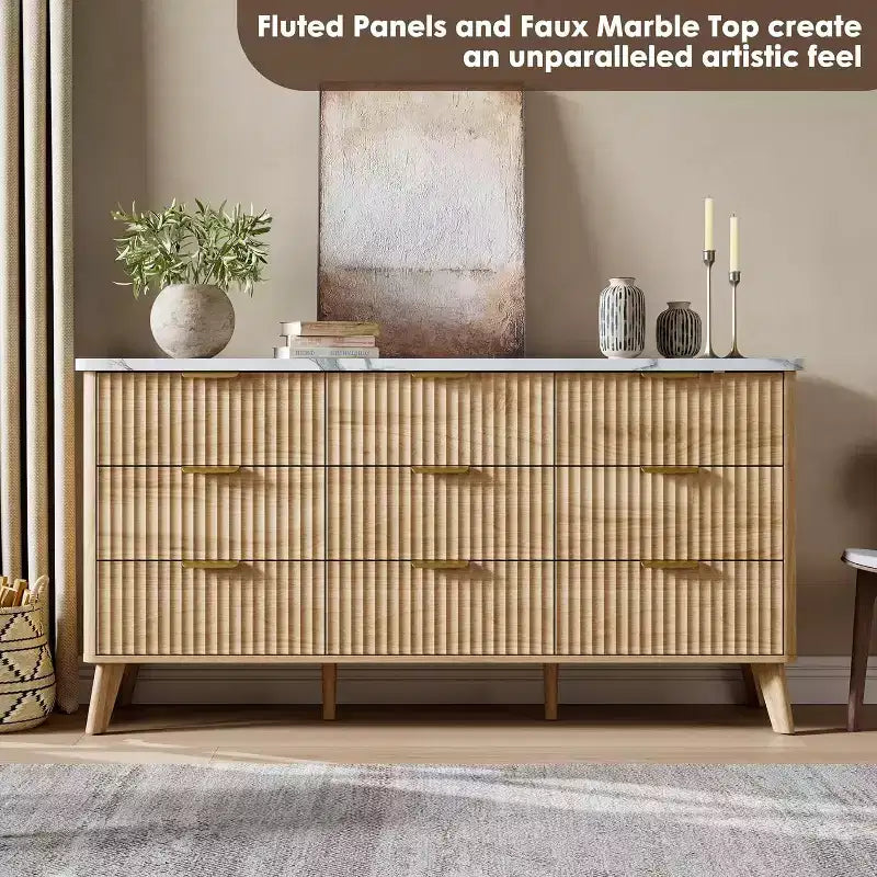 Komoda s 9 rýhovanými zásuvkami, moderní skříňka, dřevěná komoda pod TV, design se zaobleným profilem do obývacího pokoje nebo chodby