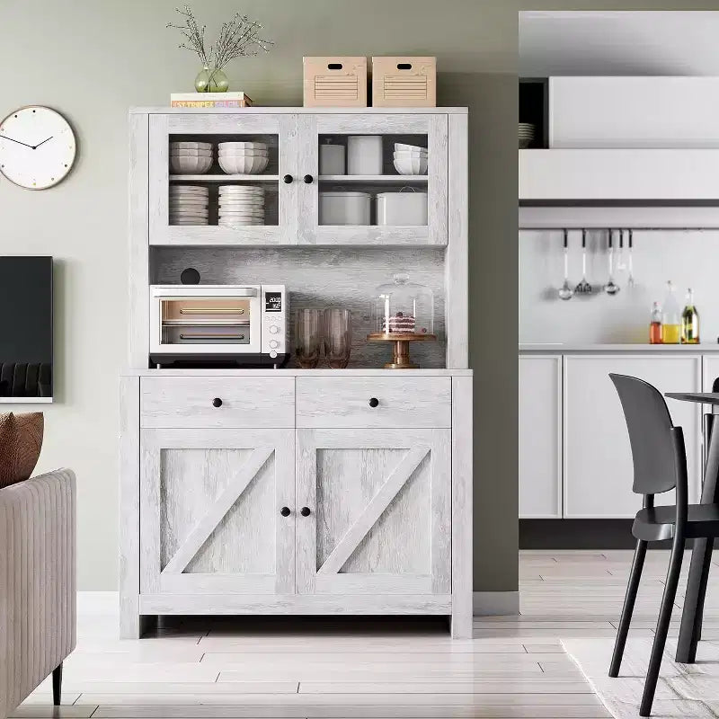 Armário despenseiro de cozinha com suporte para micro-ondas, armário com vitrina e aparador com prateleiras ajustáveis, para cozinha e sala de jantar