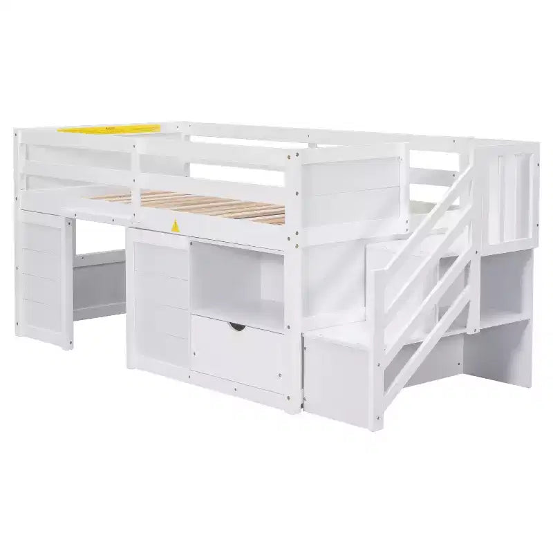 Cama baixa tipo loft individual em madeira maciça, 94.6L x 42.3W, com escada, gaveta e prateleira, design moderno e simples