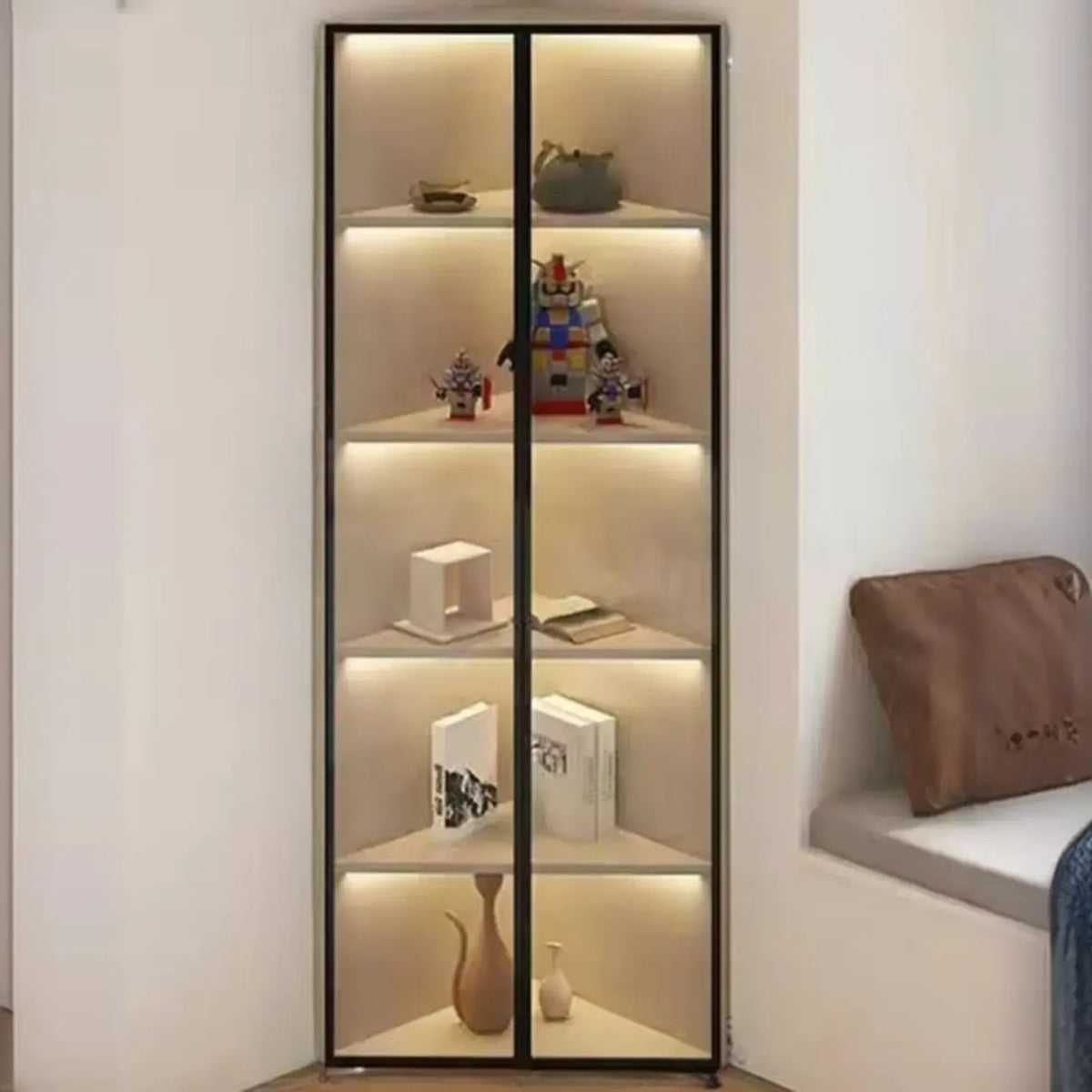 Modern Grey Metal Wood Corner Display Cabinet with Glass Door
