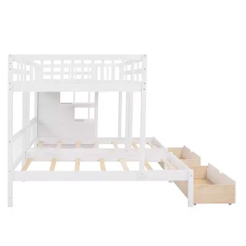 Cama em beliche Whisen Full sobre Twin & Twin, cama tripla de madeira com gavetas e guardas de proteção