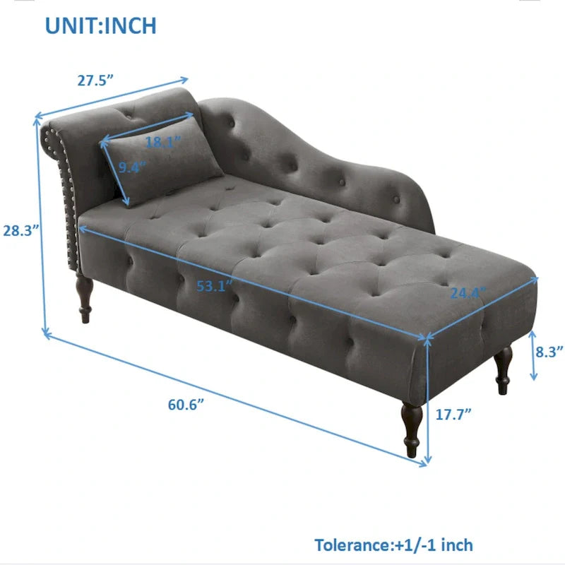 Modern 60.6  Velvet Upholstered Buttons Tufted Chaise Lounge Chair with Solid Wood Legs and Nailheads