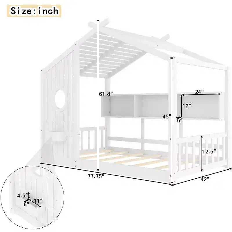 Bodenbett in Hausform mit integrierten Ablagefächern und Latten-Dach