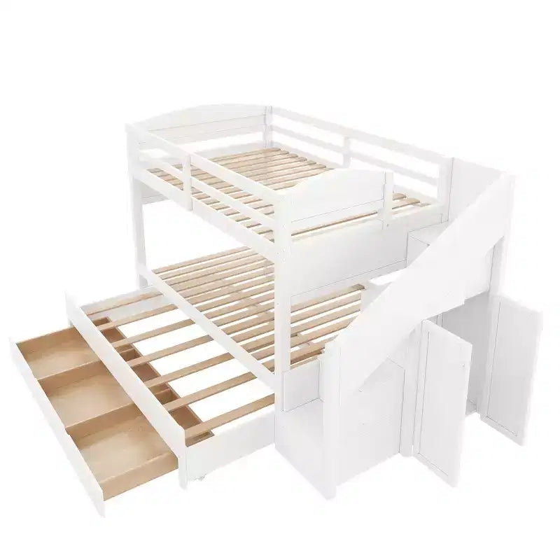 Estrutura de beliche Whisen Twin XL com cama auxiliar, beliche com arrumação, madeira maciça, escada com arrumação, roupeiro e 3 gavetas, para crianças