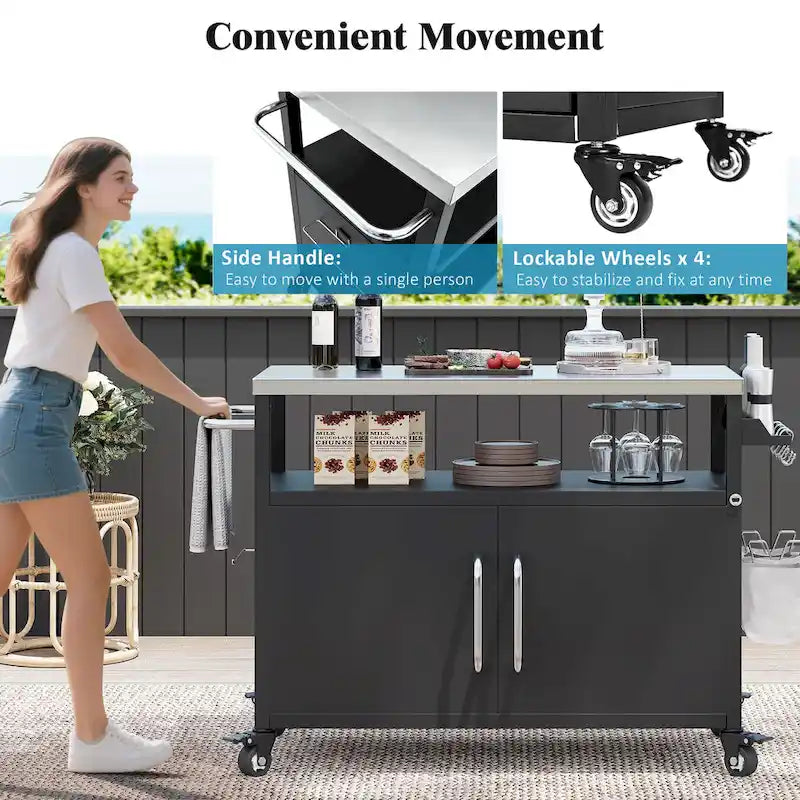 Ilha de cozinha exterior com tampo em aço inoxidável, mesa carrinho para grelhador em metal com armário de arrumação - N/A