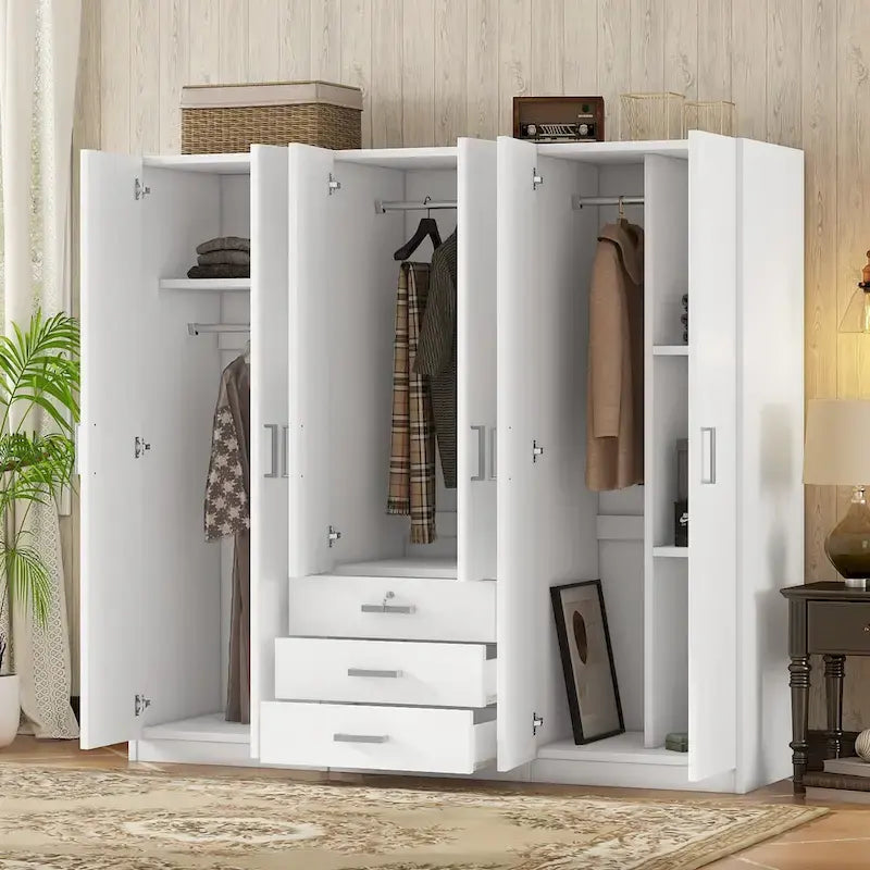 6-Doors Wooden Wardrobe Storage with 3 Big Drawers for Bedroom