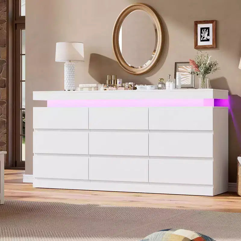 Cassettiera a 9 cassetti per camera da letto, cassettiera con stazione di ricarica e luci LED, armadio contenitore doppio in legno, cassettiera moderna e mobile TV
