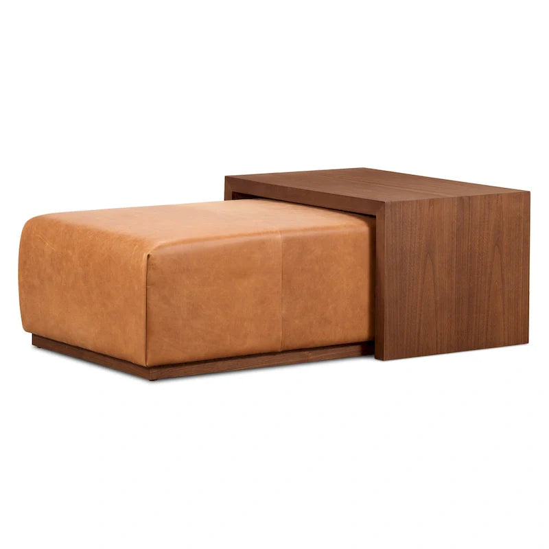 Poly & Bark Jarmo Ottoman with Adjustable Walnut Table - Full Grain Genuine Italian Leather