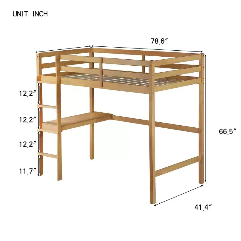 Lit mezzanine minimaliste Okak avec échelle, lit mezzanine double en bois d'hévéa avec barrière de sécurité et bureau intégré, cadres de lit pour enfants et adolescents