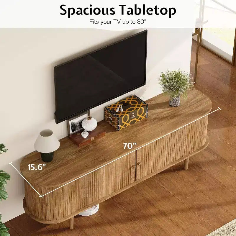 AMERLIFE 70-Zoll-TV-Ständer mit Beinen aus Massivholz, moderne TV-Konsole im Mid-Century-Stil mit Lamellentür
