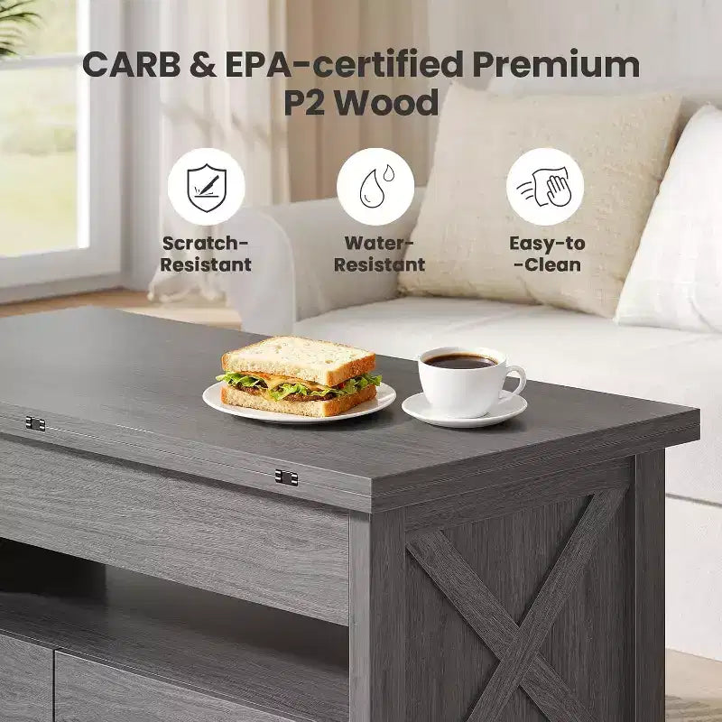 Mesa de centro elevatória com espaço de arrumação, mesa de centro de estilo rústico, mesa de centro com duas gavetas, para a sala de estar e o escritório em casa