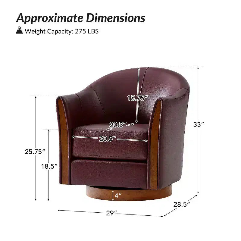 Fauteuil tonneau pivotant Pocono de style transitionnel en cuir véritable avec piètement en bois massif, ensemble de 2, Artful Living Design