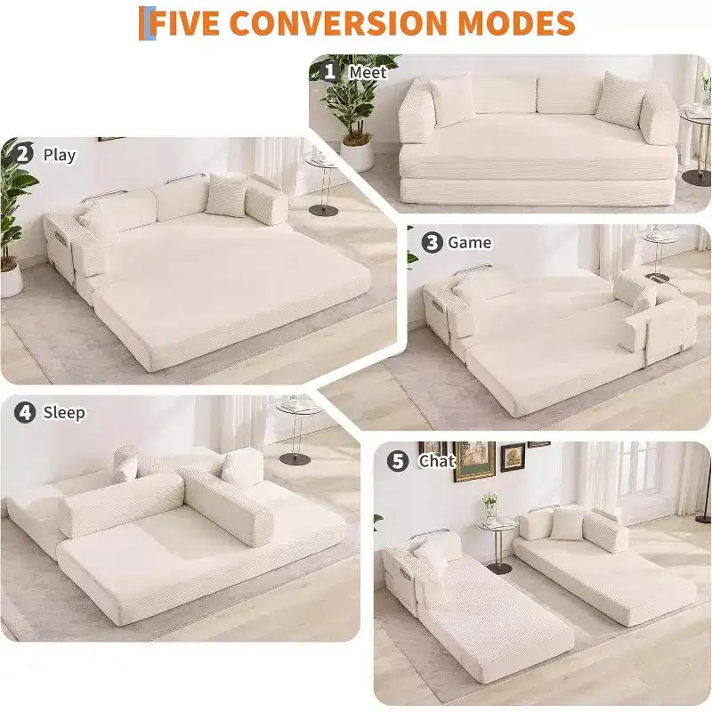 Sofá-cama convertível 5-em-1, sofá-cama modular de bombazina de 78.8 com estrutura robusta, futon multifunções para espaços pequenos, sala de estar e quarto de hóspedes