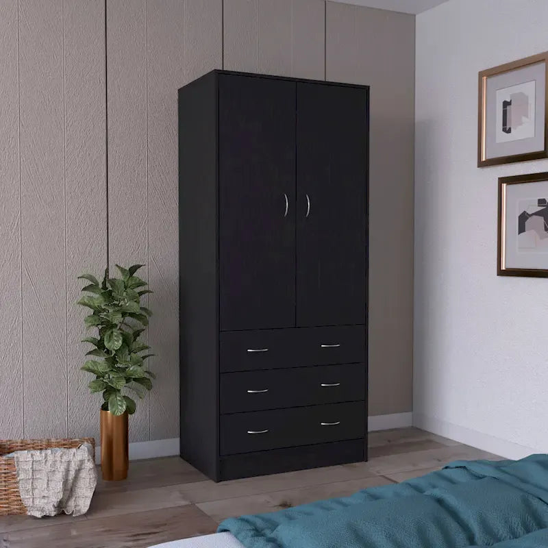 Armário moderno de duas portas 19 com 3 gavetas e 1 varão para quarto