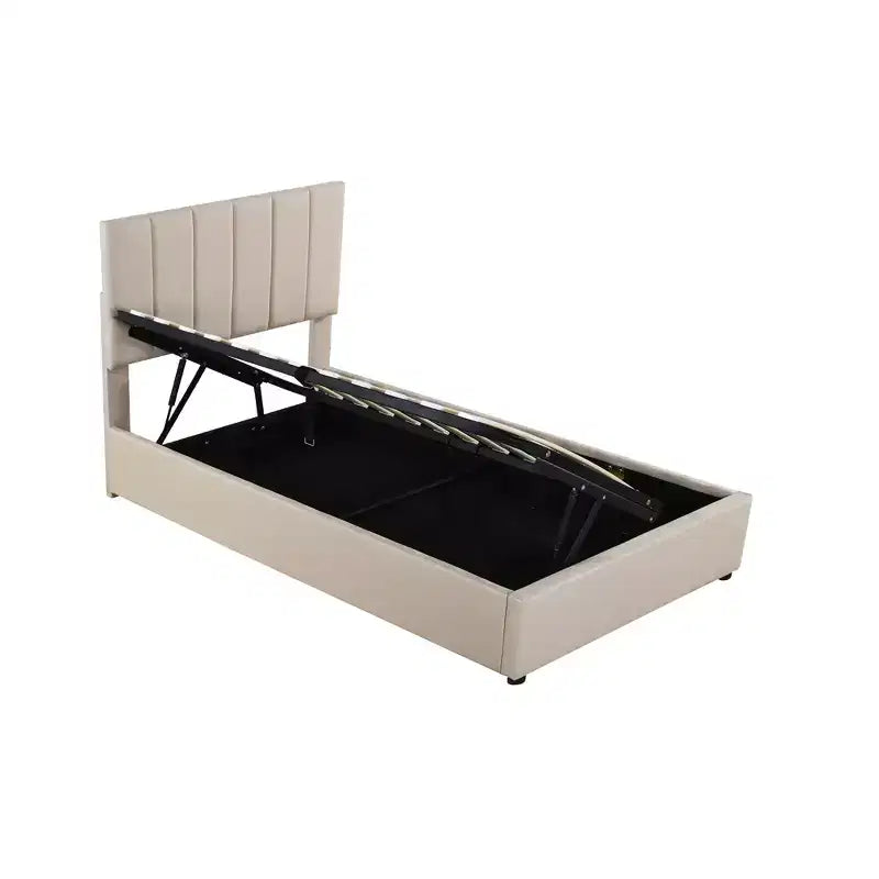 Cama com arrumação elevatória Bellemave de tamanho individual, cama de plataforma estofada com sistema de arrumação hidráulico, cabeceira com riscas verticais, bege