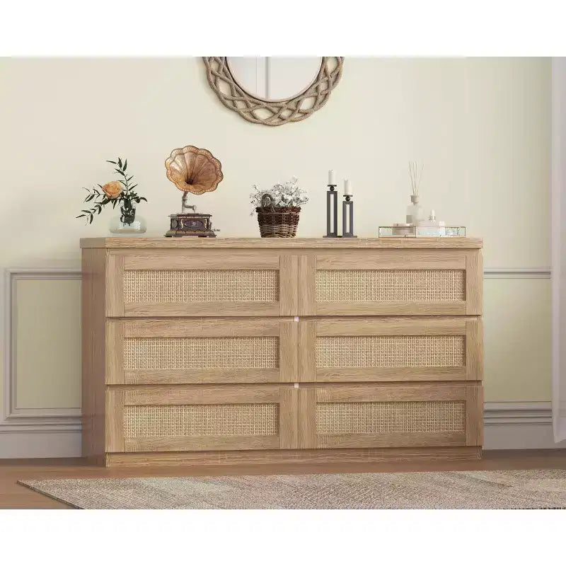 Cómoda de rattan para quarto com 6 gavetas, cómoda larga de estilo quinta moderno de 47, armário organizador de arrumação em madeira para closet, sala de estar e corredor