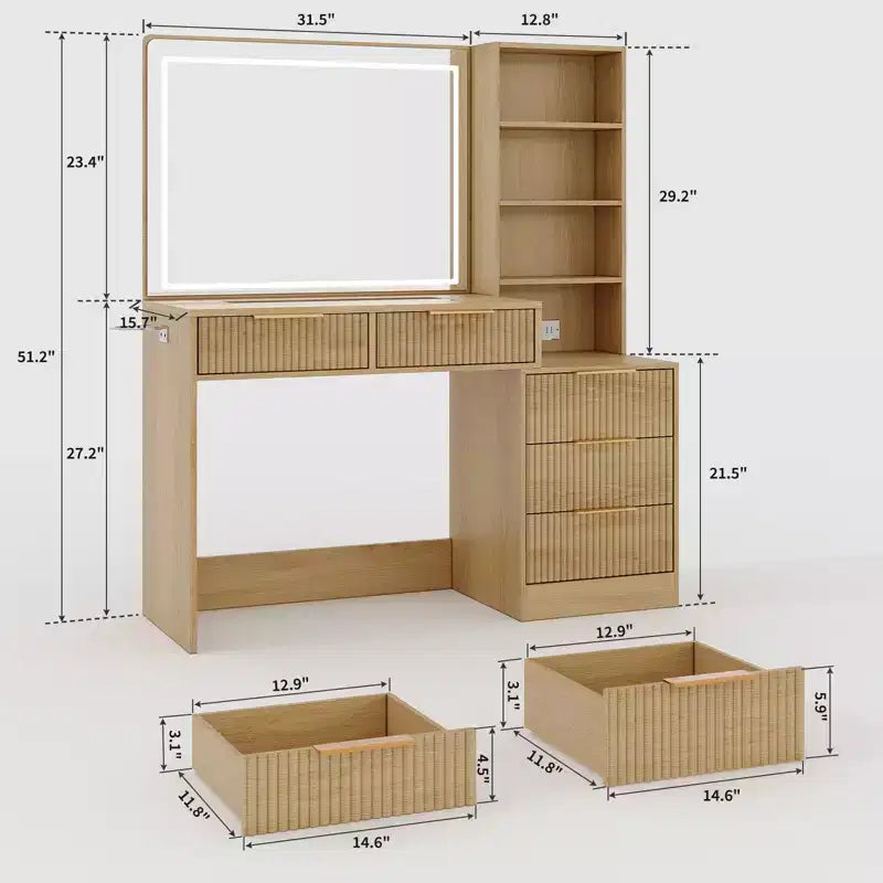 Schminktisch mit beleuchtetem Spiegel und Ladestation, dimmbares Touch-Licht mit 3 Lichtfarben, 5 Schubladen und Glasplatte, moderner Frisiertisch fürs Schlafzimmer
