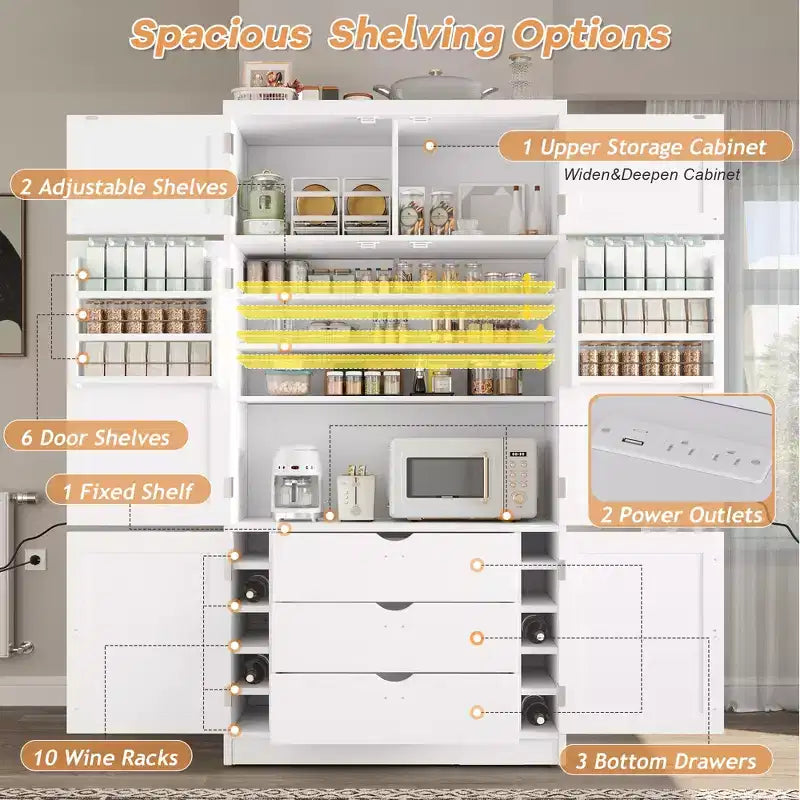 Dispensa alta da cucina con prese di corrente, grande armadio indipendente con supporto per microonde, cassetti, ripiani, portabottiglie e ripiano nell’anta