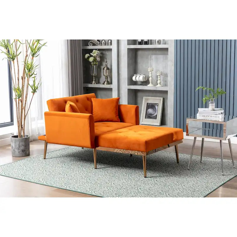 Poltrona letto in velluto imbottito e trapuntato per soggiorno, con gambe color oro rosato