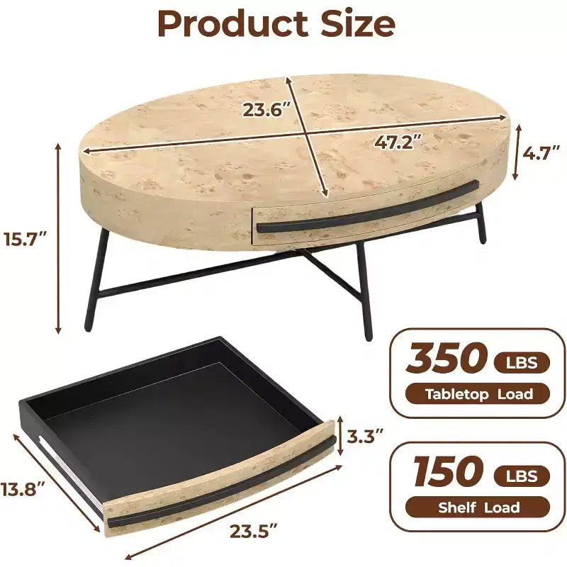 Mesa de centro oval Acekool com gaveta, mesa de arrumação de madeira de 47.2 com pernas metálicas cruzadas, mesa de centro moderna de meados do século em salgueiro natural e dourado